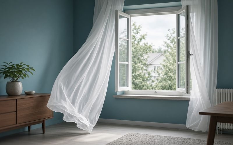 Geöffnetes Fenster mit bewegten Vorhängen — Symbol für Lüften und Übertragungsweg