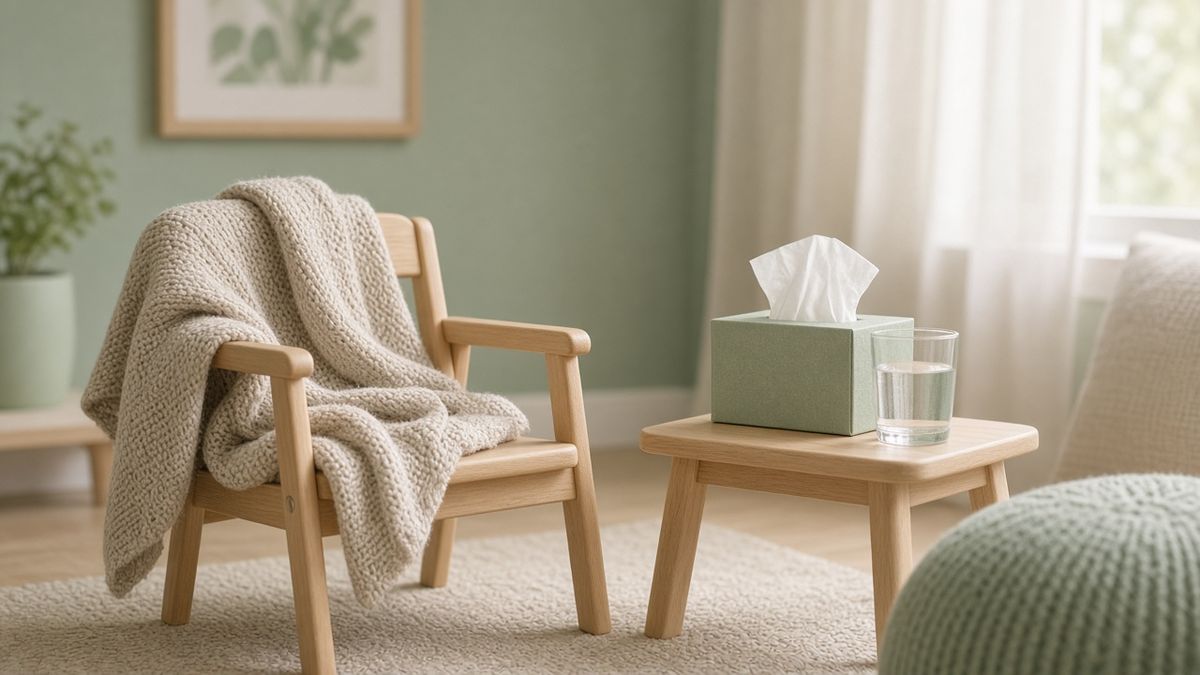 Kleiner Holzstuhl mit Strickdecke, Taschentücher und Wasserglas — ruhige Kinderszene bei Erkältung