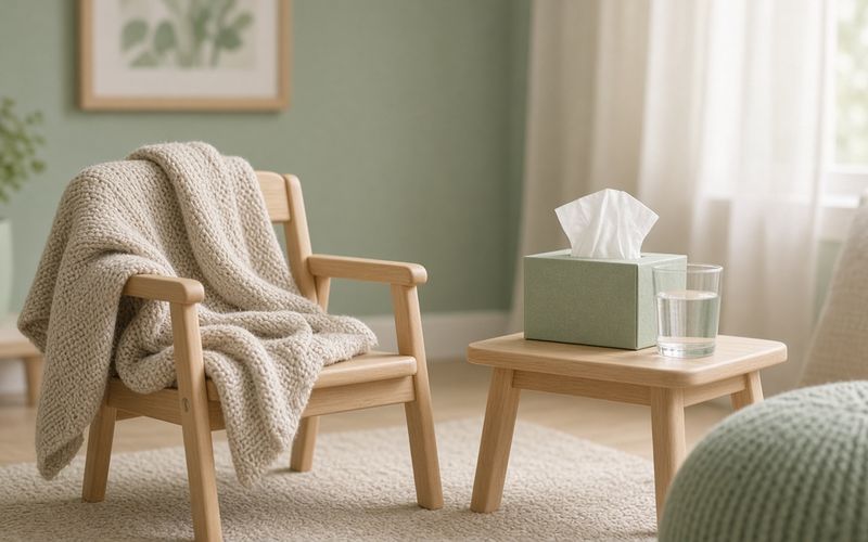 Kleiner Holzstuhl mit Strickdecke, Taschentücher und Wasserglas — ruhige Kinderszene bei Erkältung