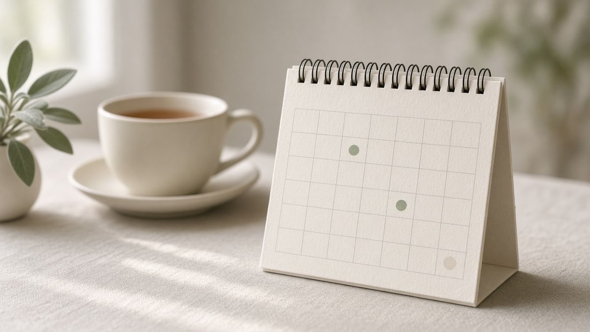 Schreibtischkalender und Teetasse im Morgenlicht — Symbol für den zeitlichen Verlauf einer Erkältung