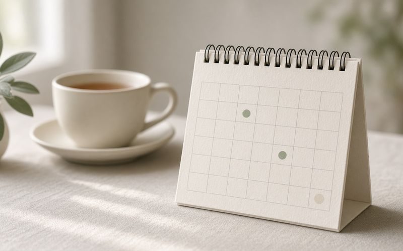 Schreibtischkalender und Teetasse im Morgenlicht — Symbol für den zeitlichen Verlauf einer Erkältung