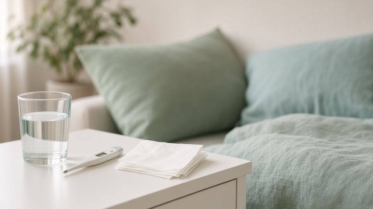 Digitales Fieberthermometer neben Wasserglas und Taschentüchern auf dem Nachttisch