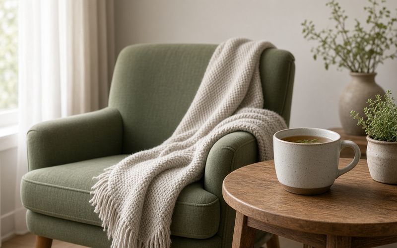 Kräutertee und gestrickte Decke am Sessel im Morgenlicht — ruhige Szene bei Hustenreiz