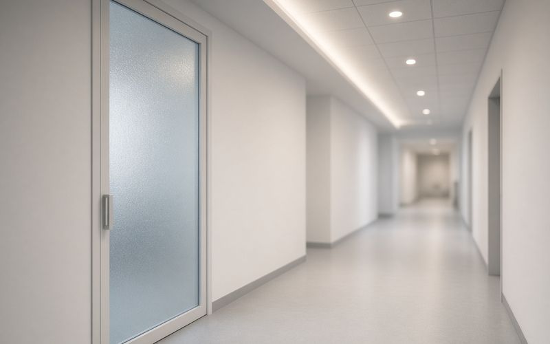 Ruhiger Praxisflur mit Milchglastür — wann Erkältungsbeschwerden abgeklärt gehören