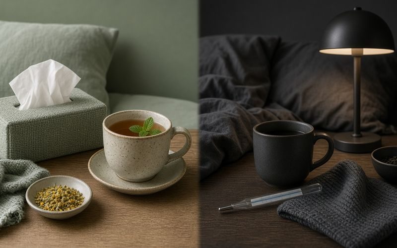 Zwei unterschiedliche Nachttisch-Szenen nebeneinander — mildere Erkältung versus schwerere Grippe-Atmosphäre