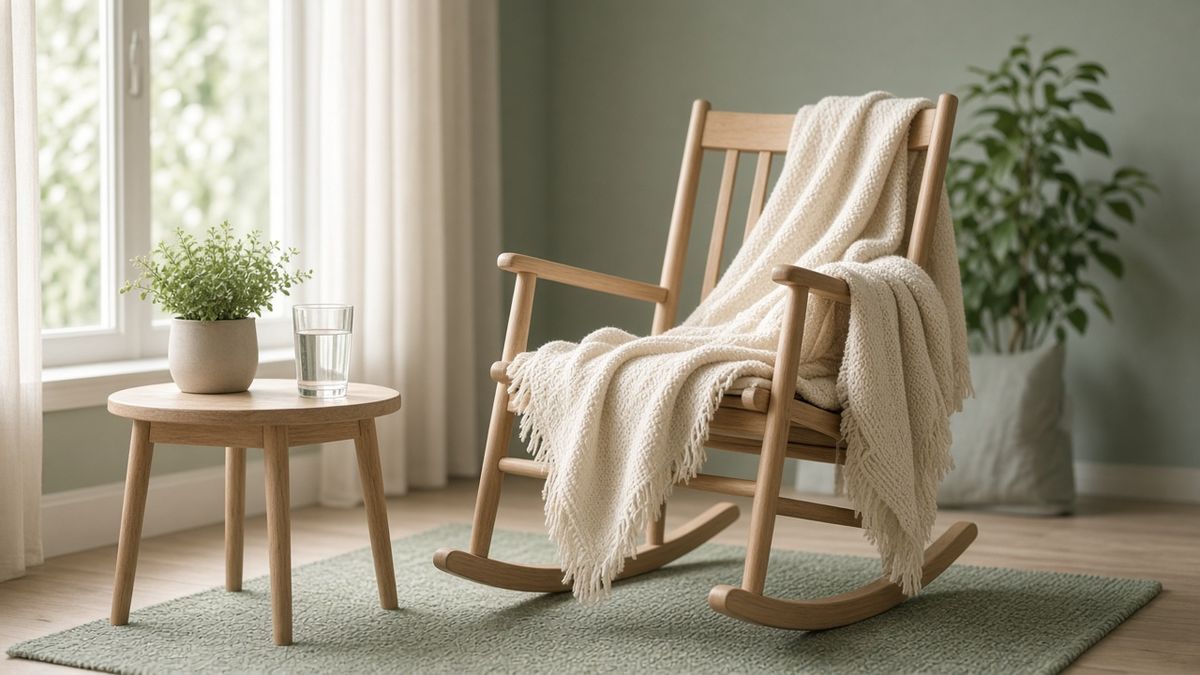 Leerer Holzschaukelstuhl mit heller Decke am Fenster — ruhige Erholungsszene in der Schwangerschaft