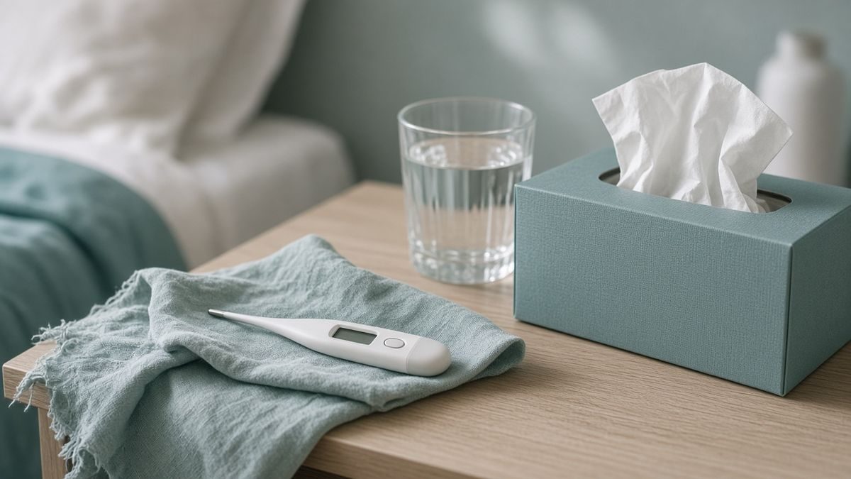 Digitales Fieberthermometer neben Taschentüchern und Wasserglas auf einem Nachttisch