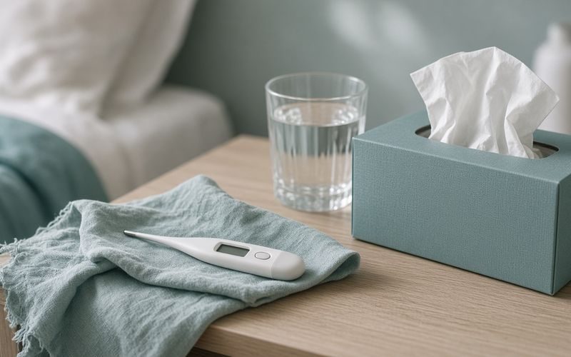 Digitales Fieberthermometer neben Taschentüchern und Wasserglas auf einem Nachttisch