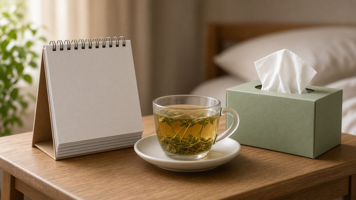 Kalender, Tee und Taschentücher auf dem Nachttisch — Symbol für den Verlauf einer Erkältung