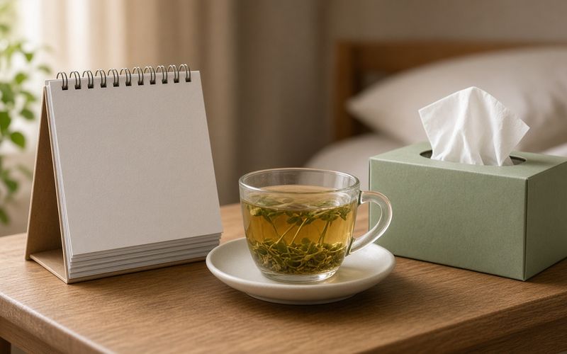 Kalender, Tee und Taschentücher auf dem Nachttisch — Symbol für den Verlauf einer Erkältung